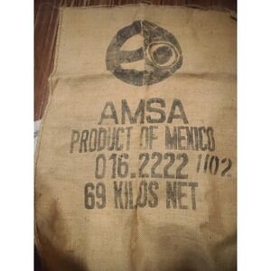 Vintage AMSA Burlap Coffee Sack Bag Product Of‎ Mexico 69 Kilos Net Jute Craft"